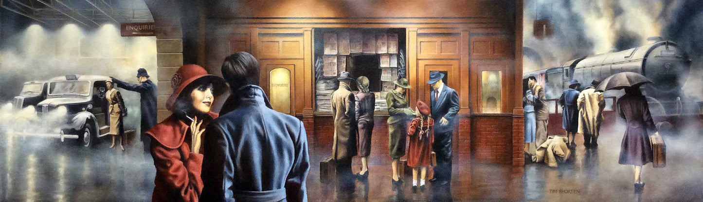 Tim Shorten vintage railway station scene with travelers, steam train, and people in 1920s attire