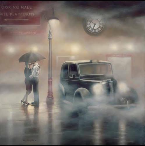 7 O' Clock Departure by Tim Shorten limited edition print showing a couple under an umbrella near a vintage car in foggy, rainy street scene with clock and lamp post.