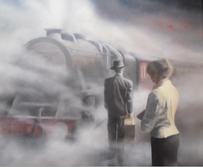 Limited edition giclee print Business Trip by Tim Shorten showing a man with suitcase boarding a steam train in mist