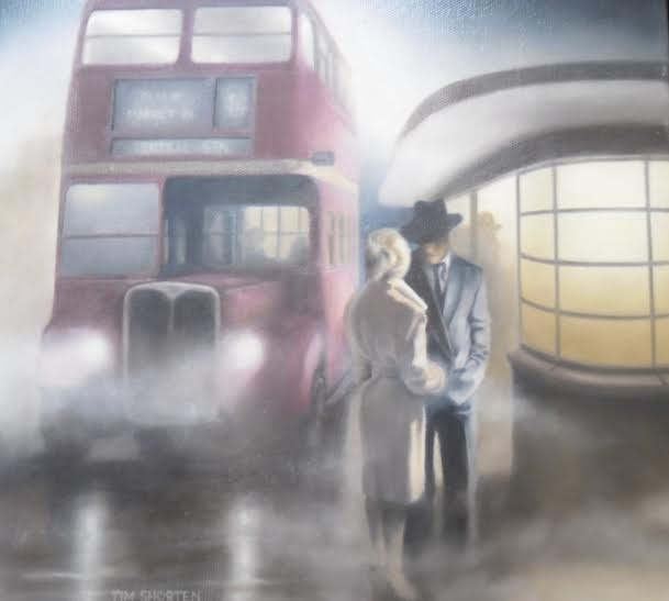 Limited edition giclee print "Don't Go" by Tim Shorten, featuring a couple near a red double-decker bus in fog.