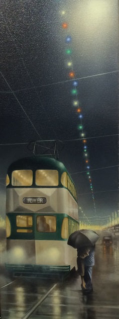Goodnight limited edition print by Tim Shorten featuring rainy street scene with tram and umbrellas