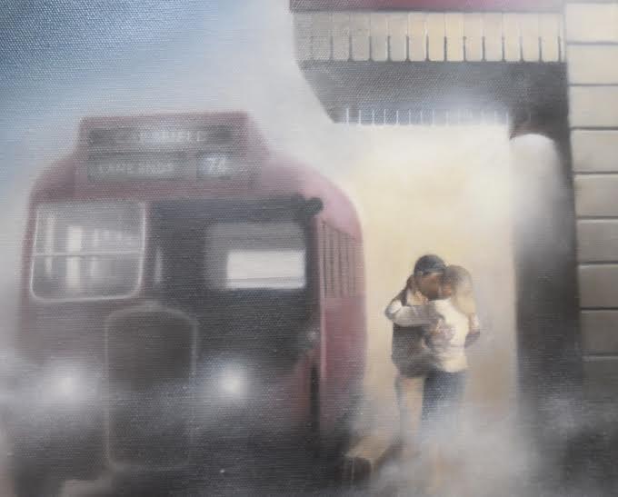 Limited edition giclee print Last Bus First Embrace by Tim Shorten showing couple embracing near vintage bus