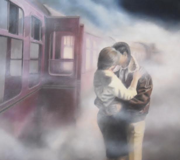 Limited edition giclee print Last Train First Kiss by Tim Shorten showing a couple kissing on a foggy train platform