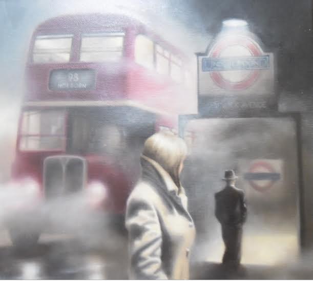 No One Likes Goodbyes limited edition print by Tim Shorten featuring a foggy London scene with a red double-decker bus and figures near a tube station