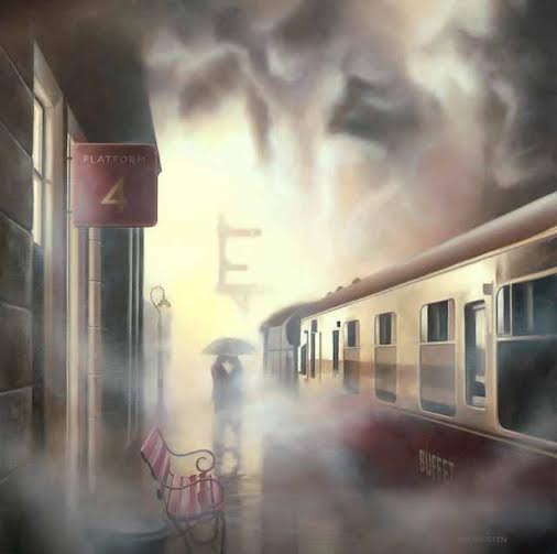 Limited edition giclee print Platform 4 by Tim Shorten showing foggy train platform with a person holding an umbrella