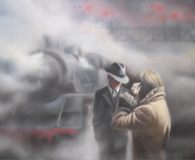 Until The Next Time by Tim Shorten, limited edition signed giclee print of a man and woman by a steam train in mist, 14x14 inches