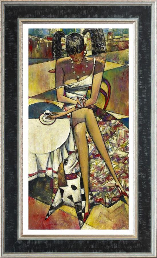 Hand embellished canvas by Andrei Protsouk, colorful cubist portrait of a seated woman with geometric patterns in a dark frame.