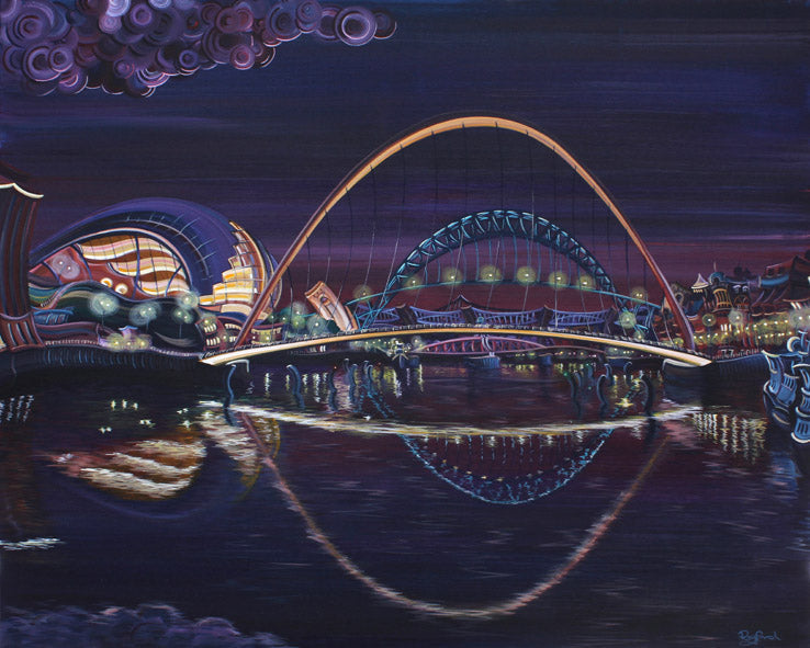 Tyne For Bed limited edition giclee print by Rayford featuring illuminated Newcastle bridge at night