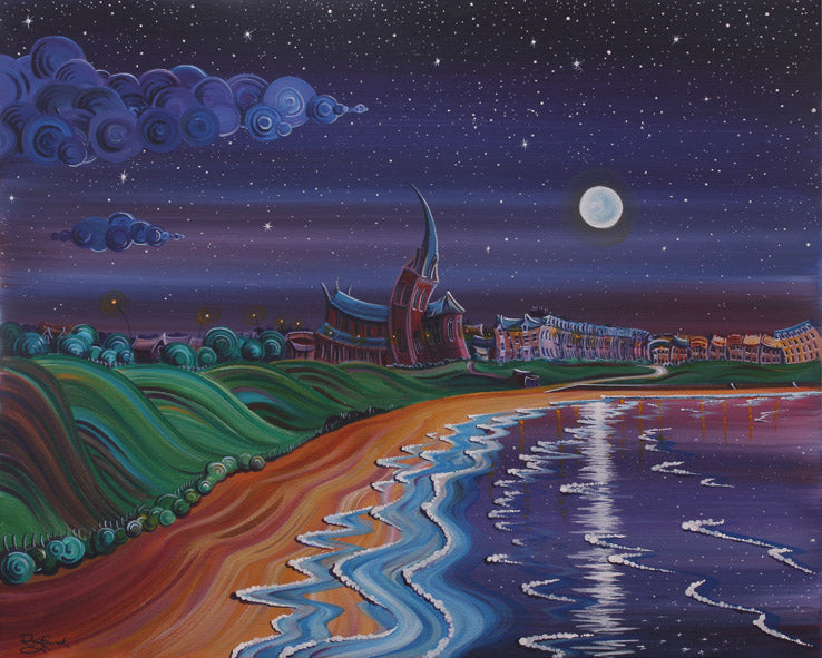 Tynemouth Superstars limited edition giclee print by Rayford showing night beach scene with moon and colorful sky
