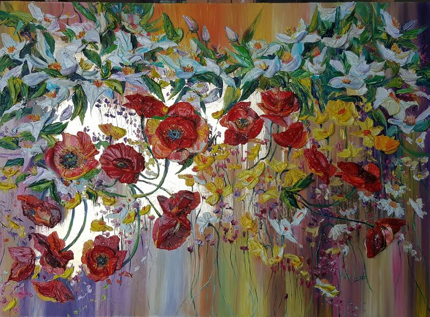 Heavily textured original oil painting Chord by Yulia Lisle with gold leaf highlights and vibrant red, white, and yellow flowers