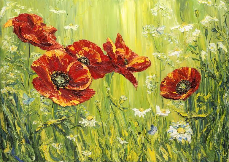Vibrant limited edition print "Lightness" by Yulia Lisle depicting red poppies and wildflowers in a green meadow.