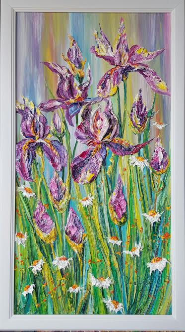 One Day ORIGINAL oil painting by Yulia Lisle with thick textured purple irises and white daisies in a white frame