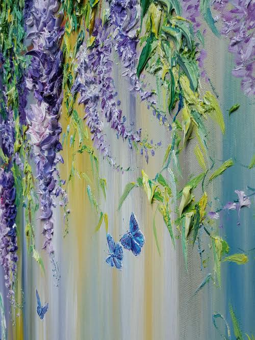 Textured oil painting of purple wisteria and blue butterflies on canvas by Yulia Lisle