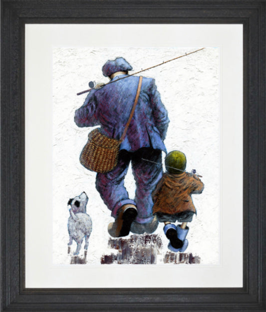 Memories Of My Dad paper print by Alexander Millar showing a man fishing with a child and dog in a framed limited edition artwork