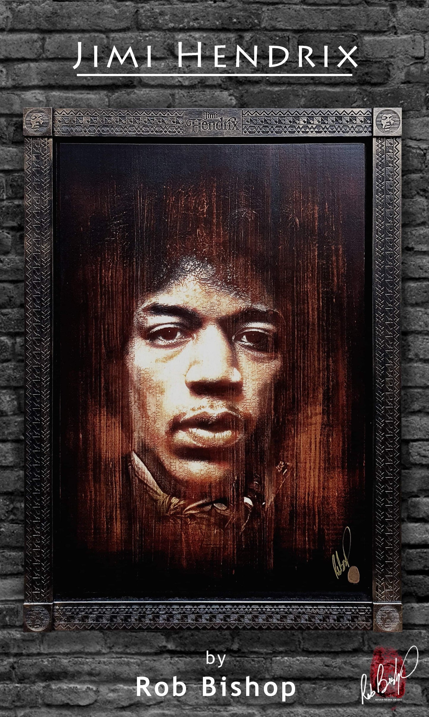 Jimi Hendrix mixed media portrait by Rob Bishop hand signed with bespoke wooden frame