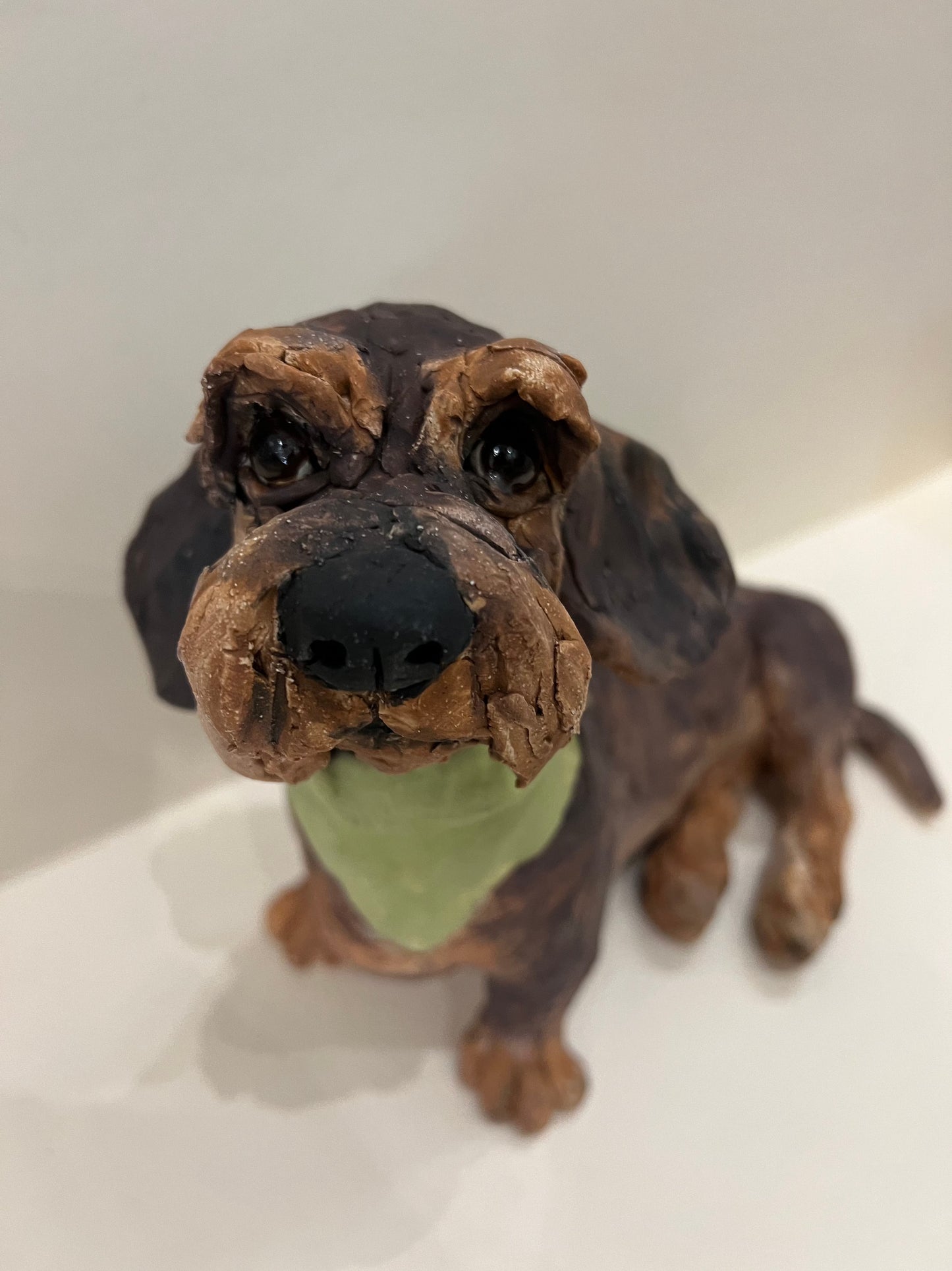 Louise Brown Dachshund Green Necker Original Sculpture - The Acorn Gallery, Pocklington