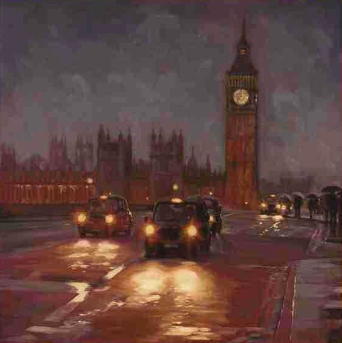 Limited edition Mark Spain print "As The Night Draws In" showing London street scene with Big Ben at night on canvas board