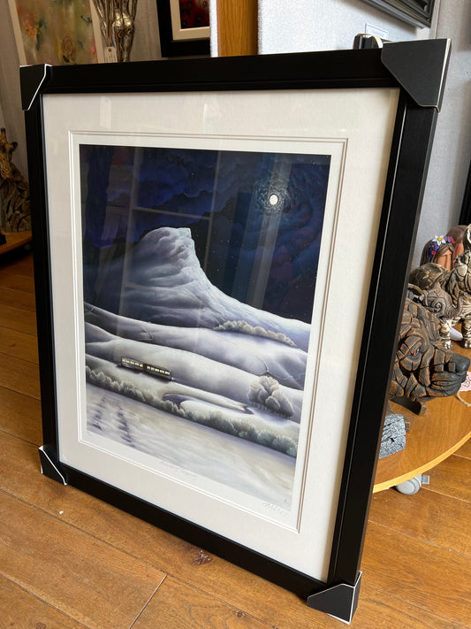 Framed limited edition Mackenzie Thorpe print of Roseberry Topping with snowy landscape and train scene