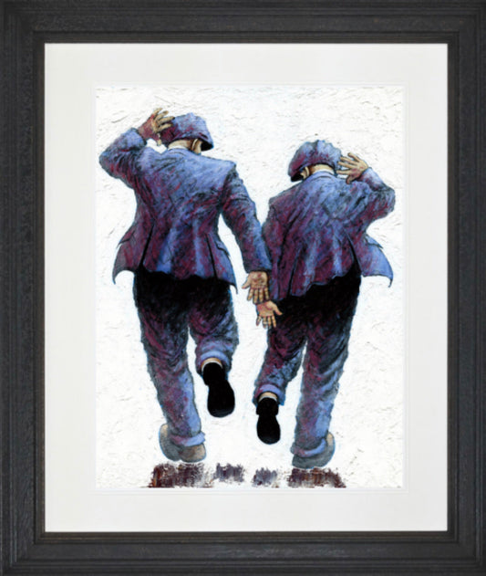 Framed limited edition giclee print titled Bring Me More Sunshine by Alexander Millar showing two men dancing from behind