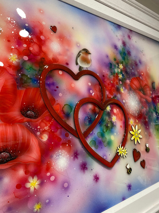 Unforgettable Original by Kealey Farmer mixed media artwork with vibrant hearts, bird, flowers, and colorful background in white frame