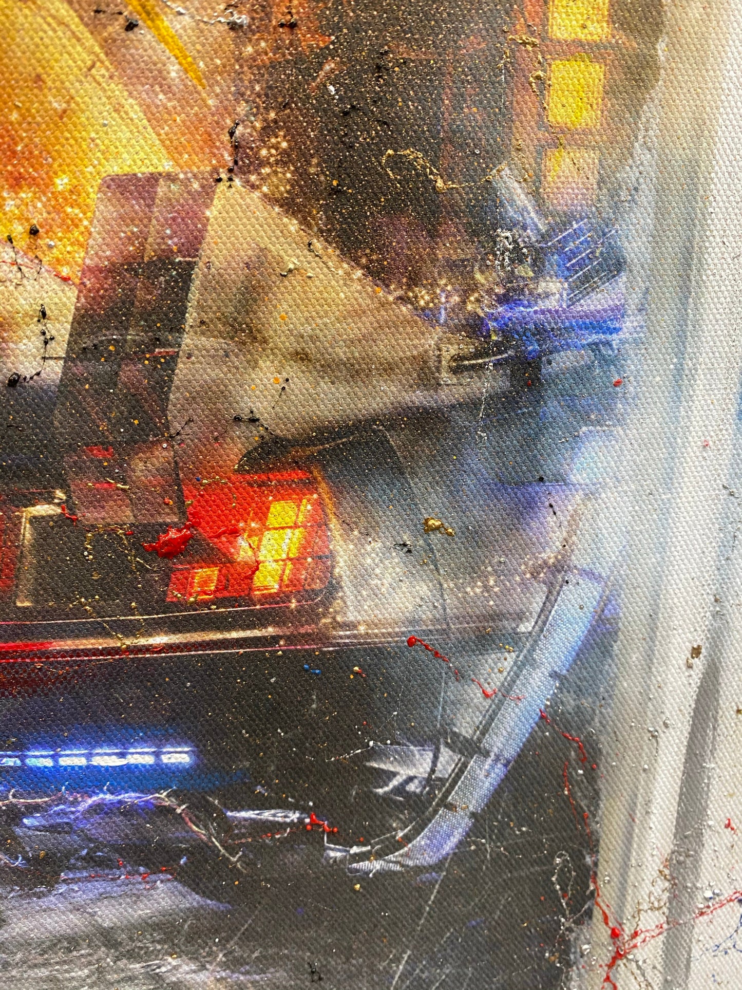 Close-up of Outatime Back To The Future mixed media canvas signed by Mark Davies showing DeLorean and tunnel details