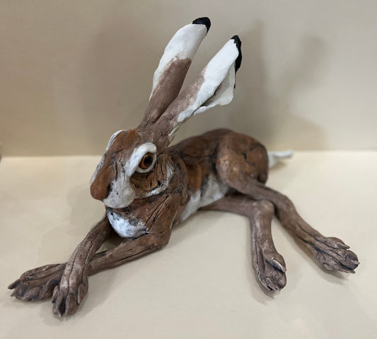 Louise Brown Lying Down Hare Original Sculpture - The Acorn Gallery, Pocklington