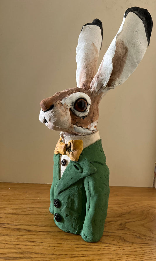 Louise Brown Hare Bust Yellow Bow Tie Original Sculpture - The Acorn Gallery, Pocklington