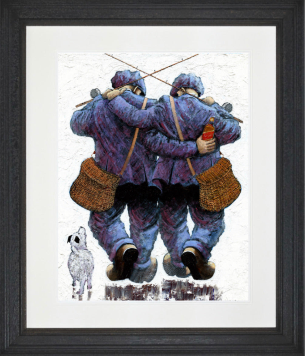 Couldnae Catch A Cold paper print by Alexander Millar showing two fishermen in blue outfits with fishing rods and baskets, accompanied by a small dog, framed artwork.