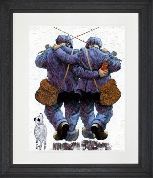 Couldnae Catch A Cold paper print by Alexander Millar showing two fishermen in blue outfits with fishing rods and baskets, accompanied by a small dog, framed artwork.