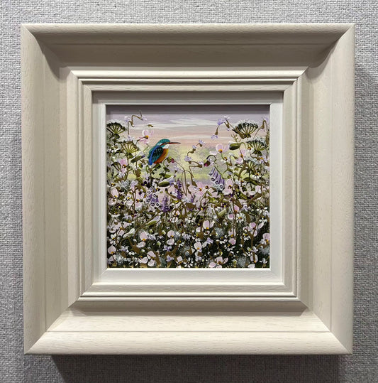 The King Fishing IV mixed media original painting by Mary Shaw in a white frame