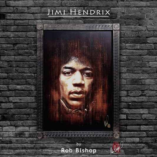Jimi Hendrix portrait mixed media original variation hand painted and signed by Rob Bishop in wooden frame