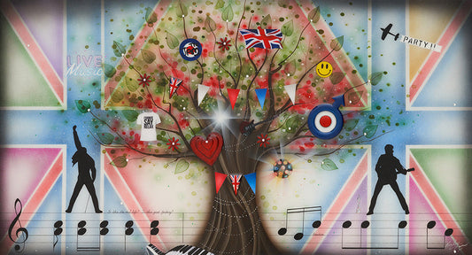 Best of British Music mixed media artwork by Kealey Farmer with British flags, musical notes, and silhouettes of musicians
