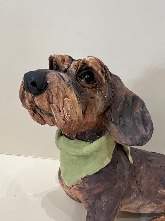 Louise Brown Dachshund Green Necker Original Sculpture - The Acorn Gallery, Pocklington