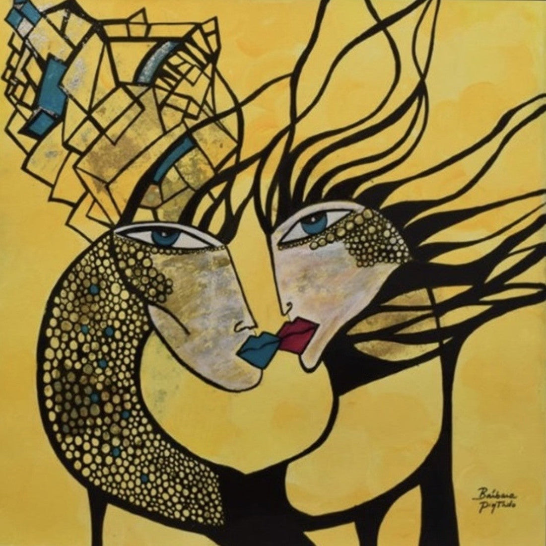 Contemporary portrait painting of two stylised faces leaning together in a kiss, with flowing black lines, blue accents and gold decorative patterns against a warm golden background. Available from The Acorn Gallery, Pocklington