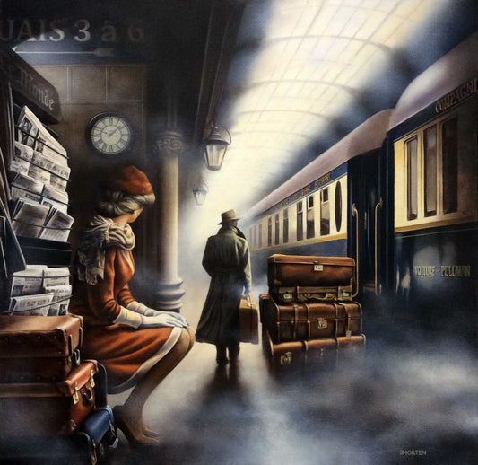 Tim Shorten railway painting of a lady waiting on a platform. Available from The Acorn Gallery in Pocklington, Delivery available. Shop online or call us on 01759 307652.