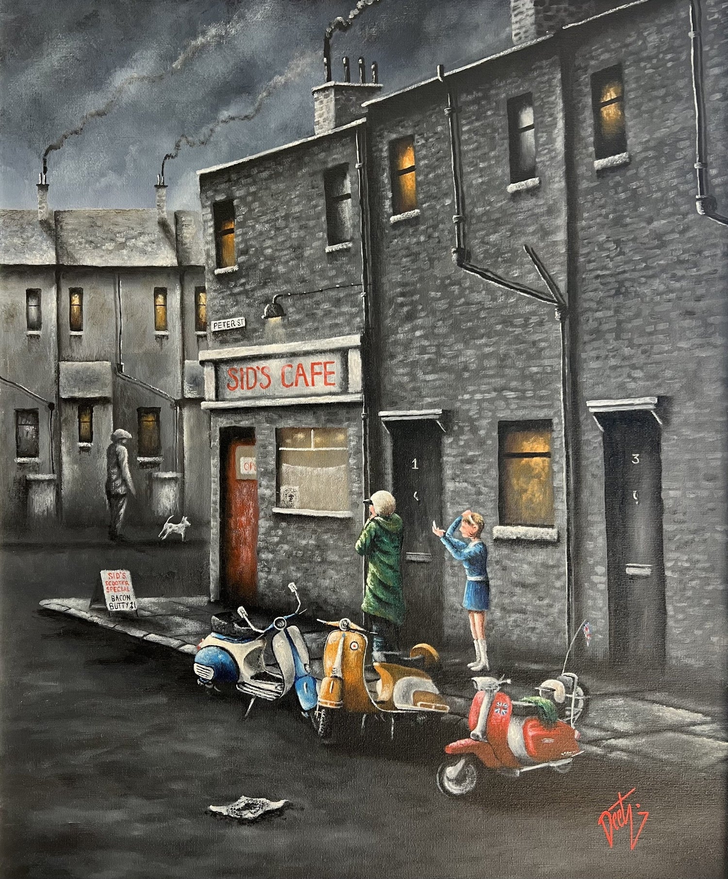 Peter Davidson My Hair Is Ruined! Original Painting of a street scene with Vespas and Scooters outside a cafe, available from  The Acorn Gallery, Pocklington