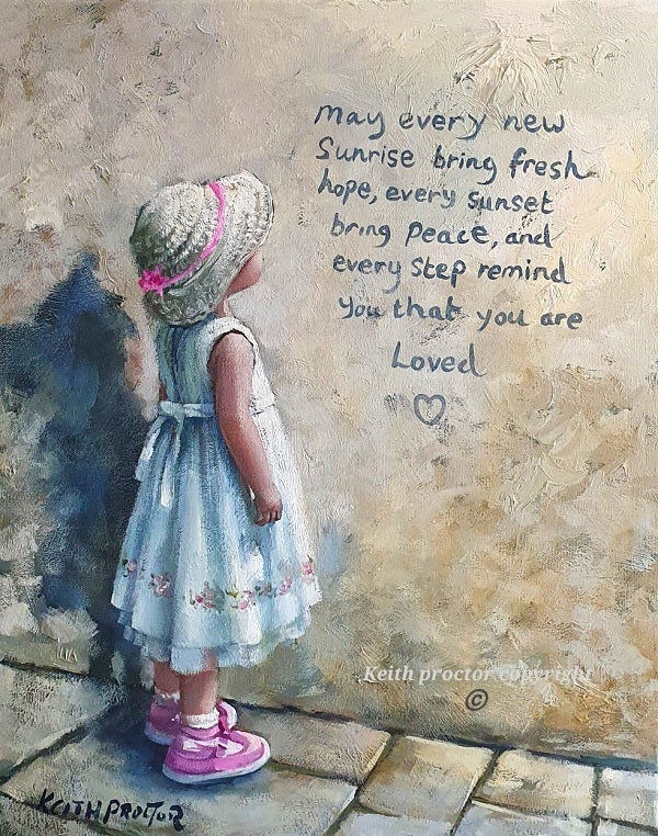 Sunrise hand embellished canvas board by Keith Proctor featuring a little girl in a blue dress and pink shoes beside a handwritten message of love.