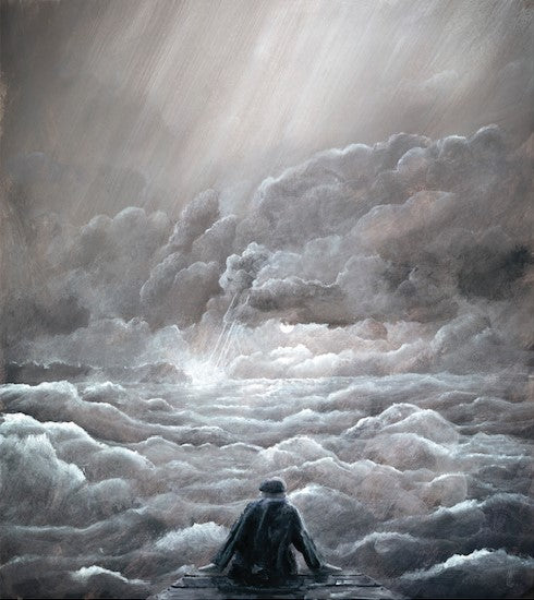 Limited Edition print by Mackenzie Thorpe titled Hope a man sat on the end of a jetty watching the stormy sea and sky, available from The Acorn Gallery, Pocklington 