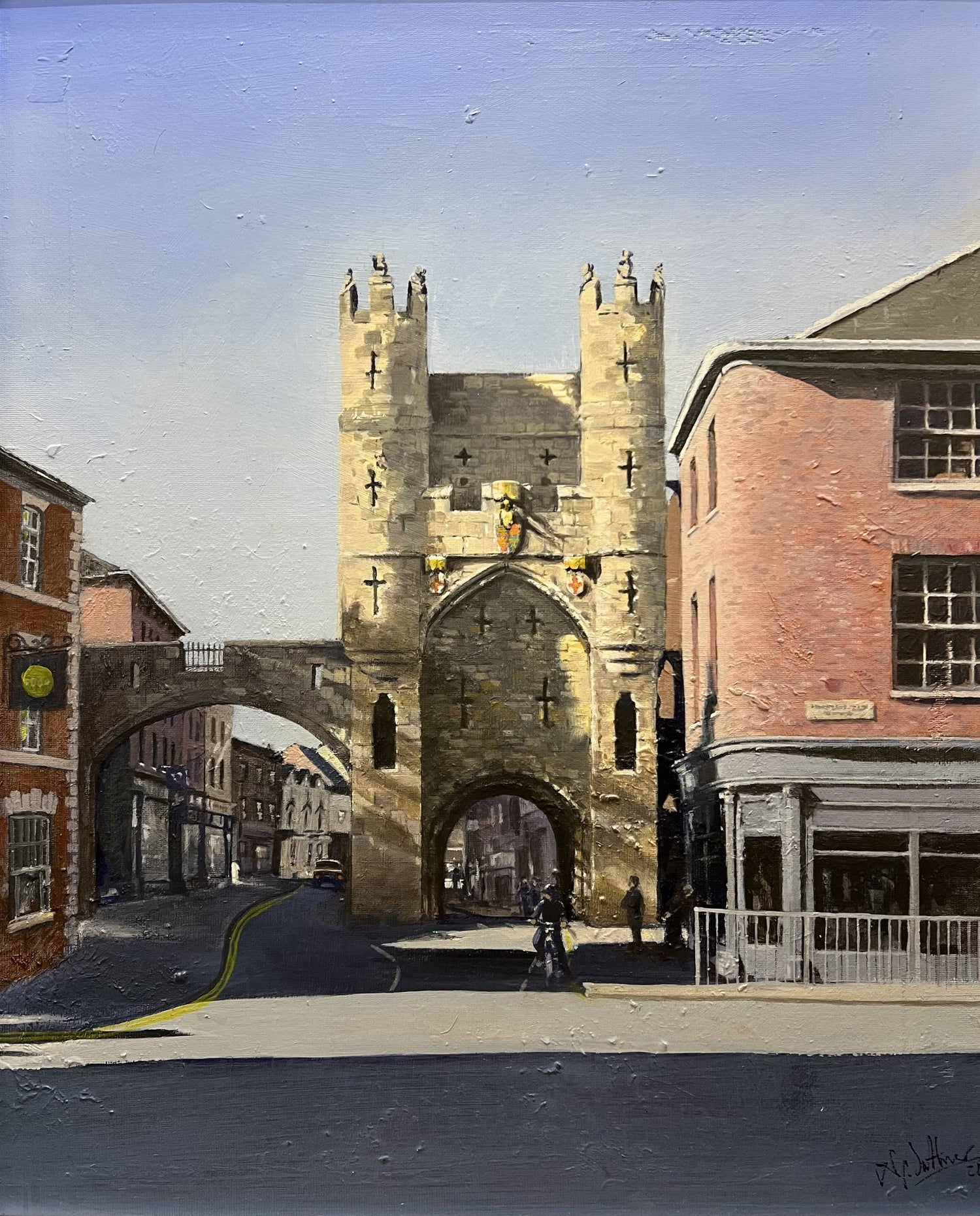Nick Saltmer Original Painting of Monk Bar in York available from The Acorn Gallery, Pocklington