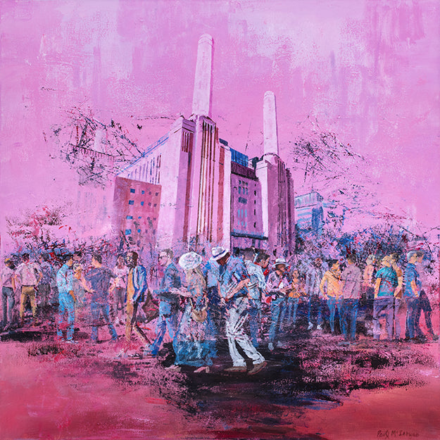 A citiscape painting by artist Paul McIntyre showing crowds of people visiting Battersea Power Station rade Center in the background.