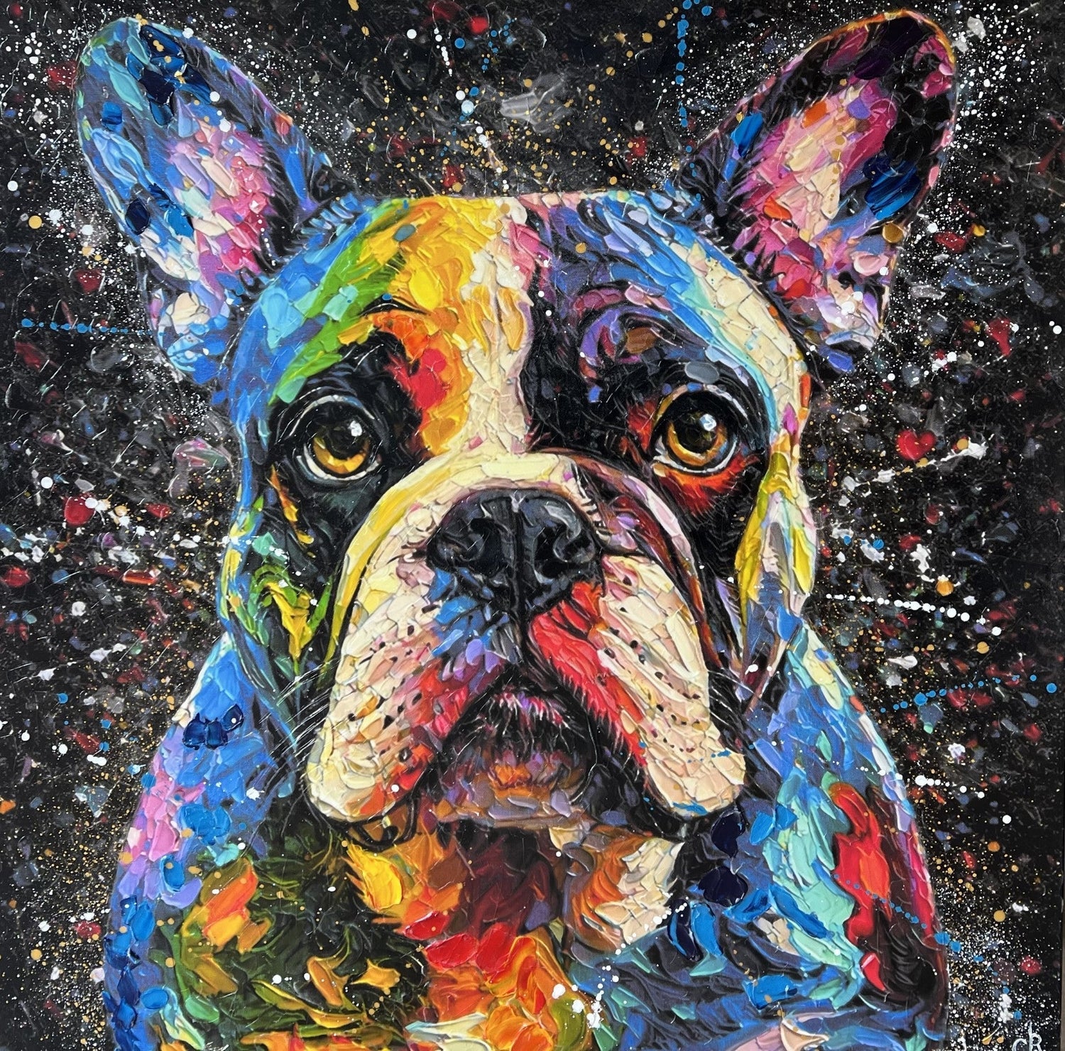Rainbow painted french bulldog by Lancashire artist Robert Cox. Availabke from a collection at The Acorn Gallery in Pocklington. Order online or visit the gallery. Call 01759 307652.