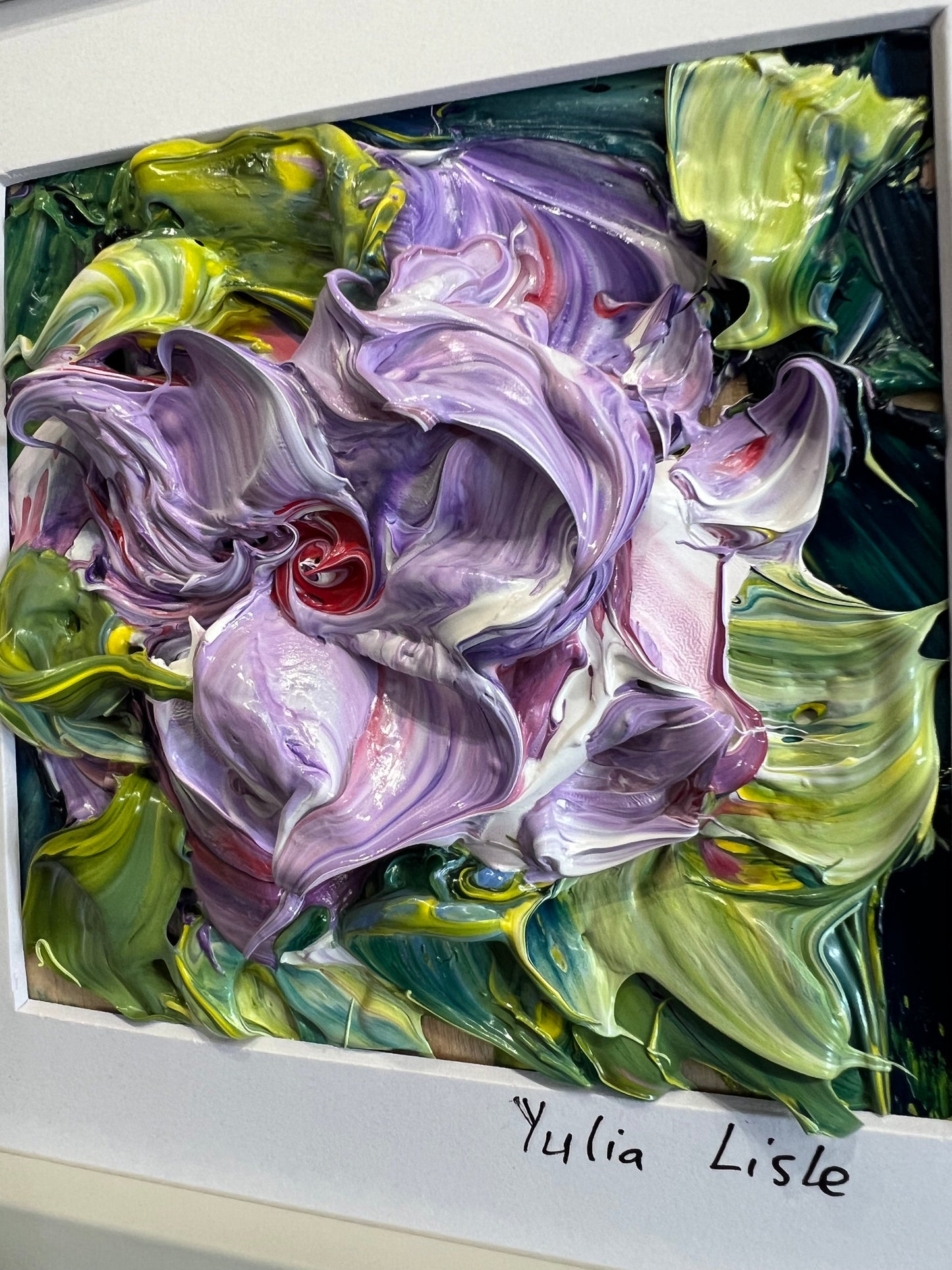 A Close Up of a richly textured lilac flower surrounded by green foliage, created with thick expressive impasto paint by Yulia Lisle. Available at The Acorn Gallery in Pocklington. Shop online or Call Us on 01759 307652. 