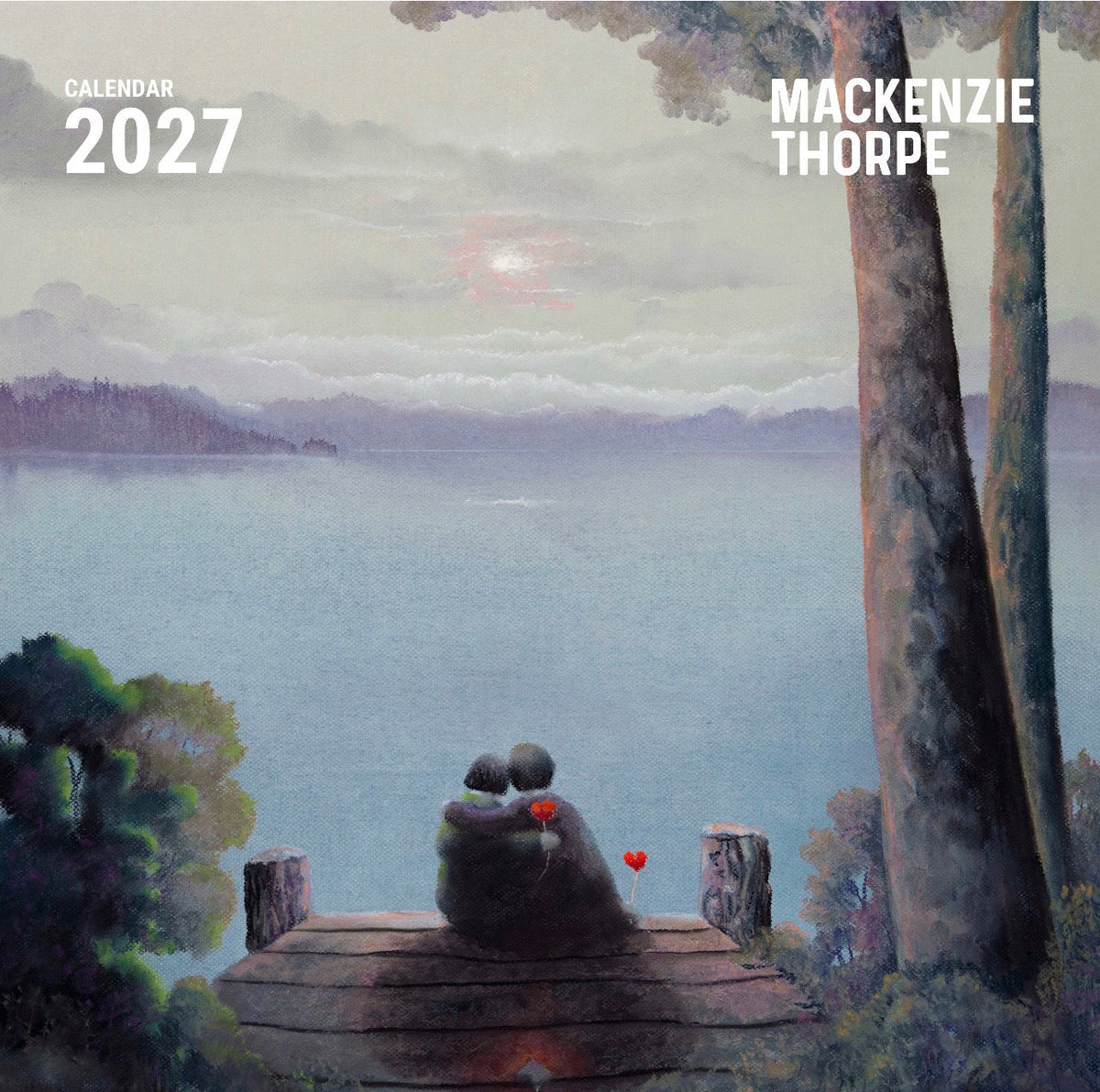 Mackenzie Thorpe Calendar with a muted painted landscape cover showing two figures embracing on a wooden dock beside a lake.