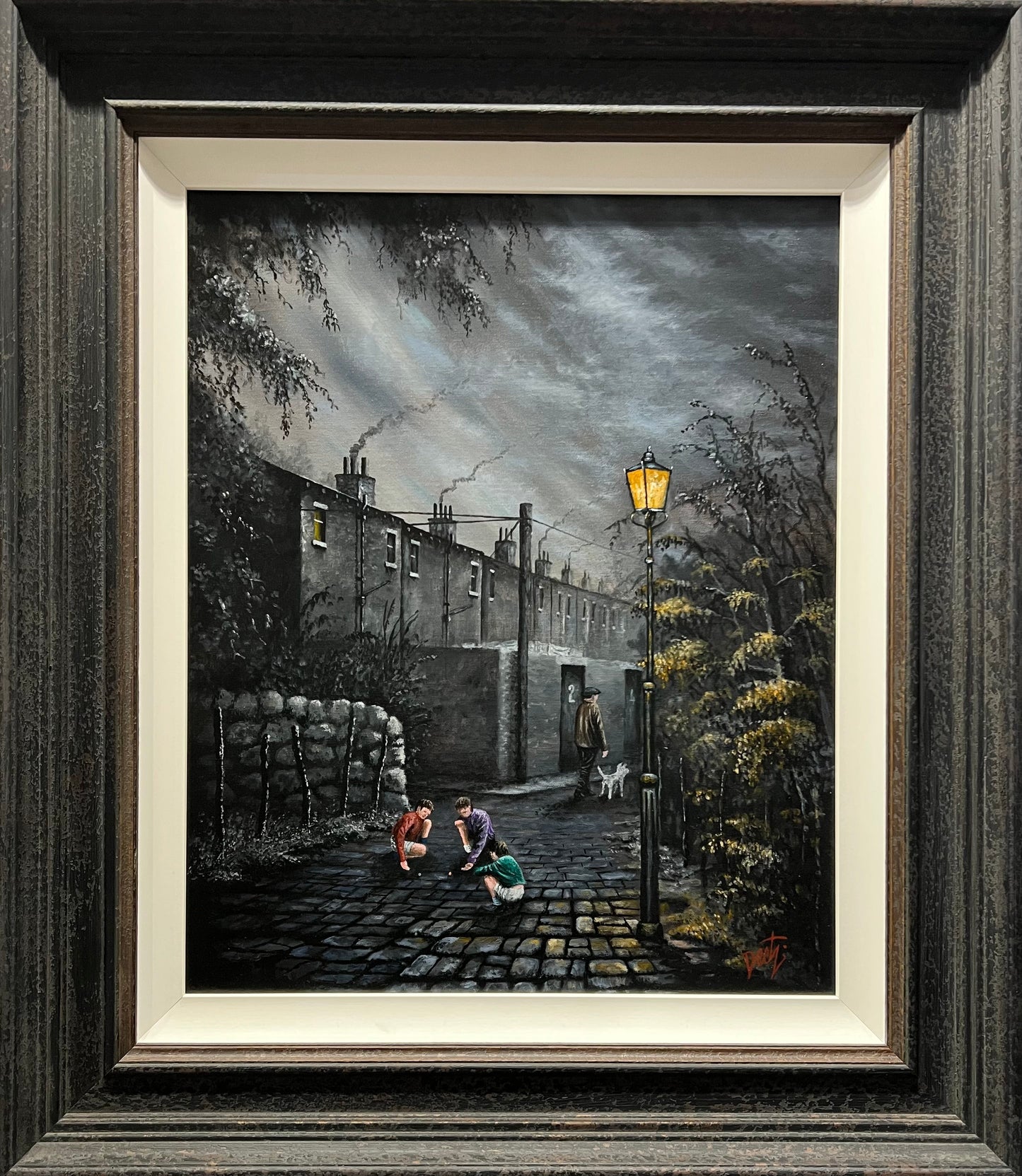 Painting of a cobbled street scene with kids playing hughies, or marbles. Artist Peter avidson, Deetz at The Acorn Gallery. 