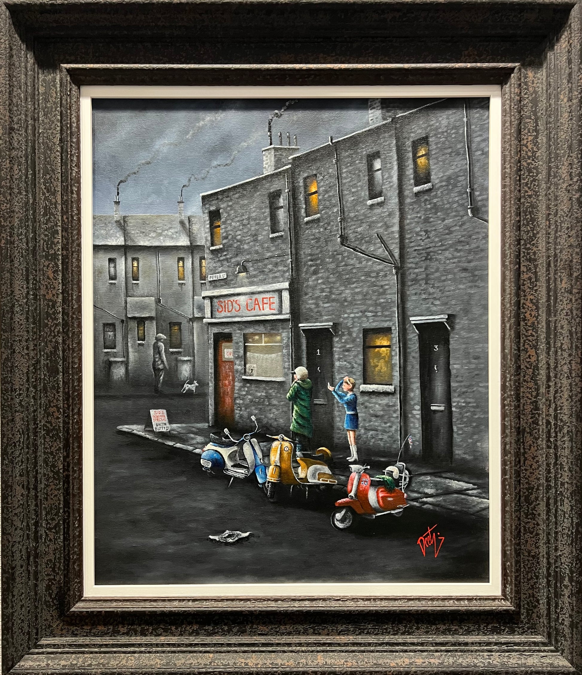 Painting of a Street scene showing back to back houses and scooters. Artist Peter Davidson Deets at The Acorn Gallery, Pocklington. 