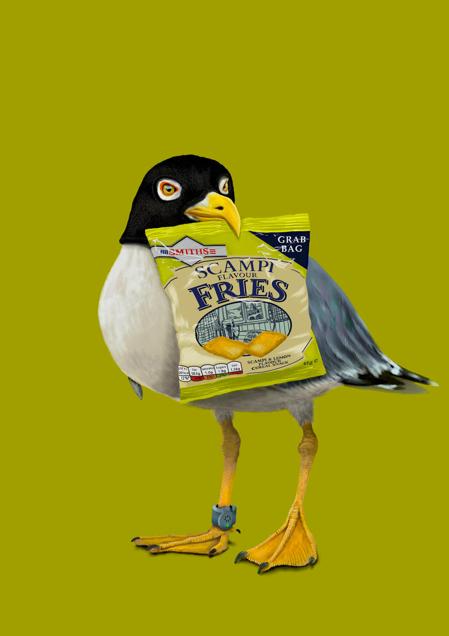 Asbo Alan by Angus Gardner shows a seagull stealing a bag of scami fries. Artwork by Angus Gardner is available at The Acorn Gallery with Secure UK Delivery. Shop Online or Call Us 01759 307652.