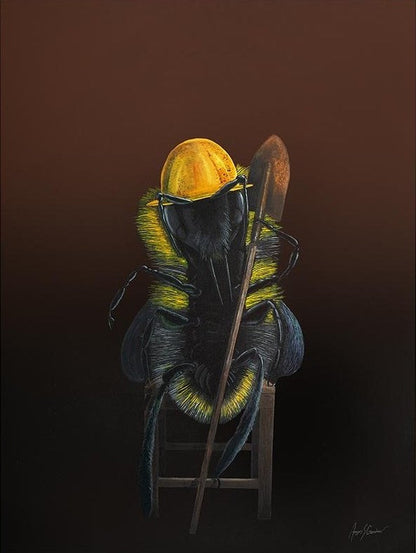 Come The Revolution framed print shows a worker bee wearing a yellow hard hat and holding a shovel. The worker bee is sitting on a wooden stool. Artwork by Angus Gardner and available at The Acorn Gallery, Pocklington.