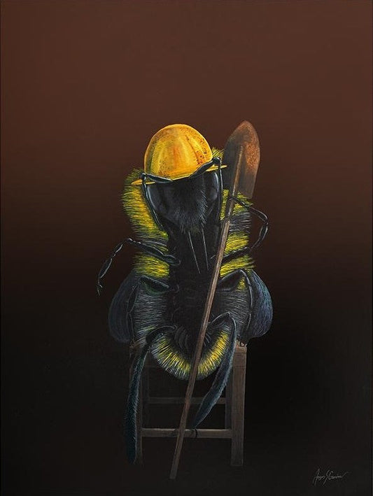 Come The Revolution Original painting shows a worker bee wearing a yellow hard hat and holding a shovel. The worker bee is sitting on a wooden stool. Artwork by Angus Gardner and available at The Acorn Gallery, Pocklington.