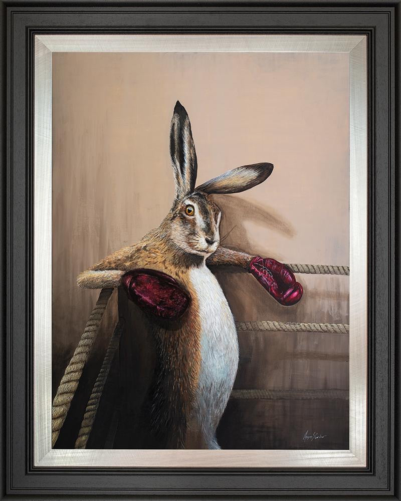 Angus Gardner Marciano the hare wearing boxing gloves and standing in a boxing ring. Framed print at The Acorn Gallery, Pocklington