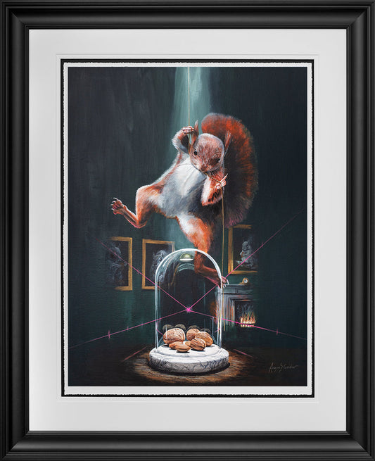 No Mission Impossible artwork by Angus Gardner featuring a clever red squirrel stealing nuts from a grey squirrel's home